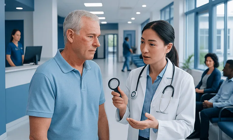Doctor consulting with a senior male patient in a hospital corridor.