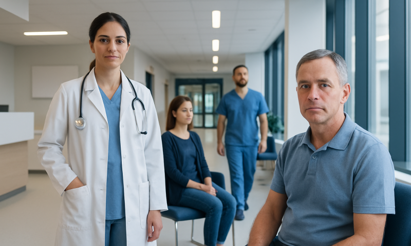 Medical team with doctor and patients in hospital corridor.