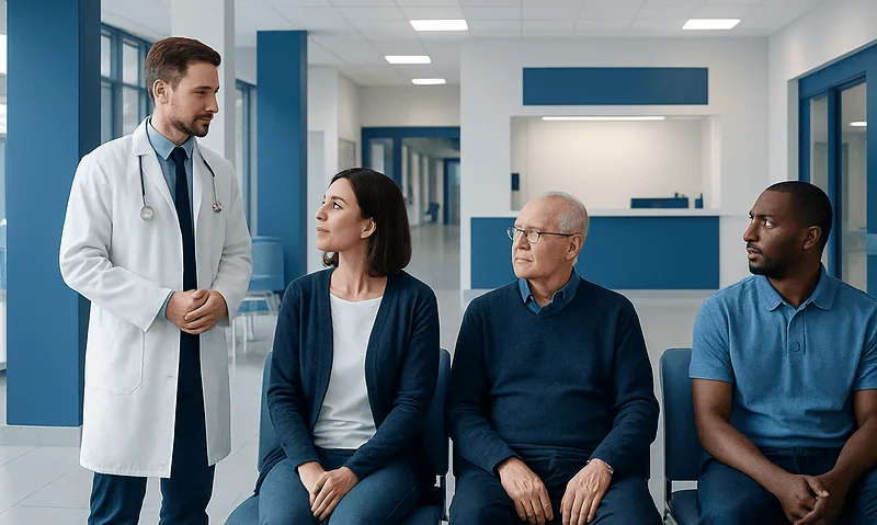 Actinomyces: What Patients Need to Know 7 Doctor consulting with diverse patients in a hospital waiting area.
