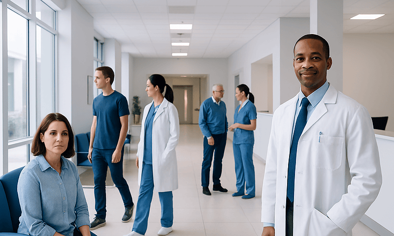 Medical team at Acibadem Hospitals Group in a modern hospital corridor.
