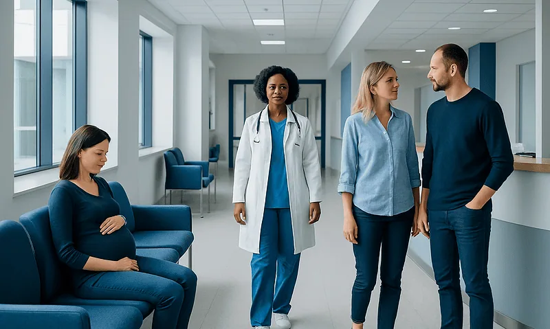 Patient waiting in hospital corridor with medical staff nearby.