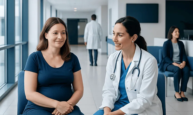 Doctor consulting a patient in a hospital corridor.