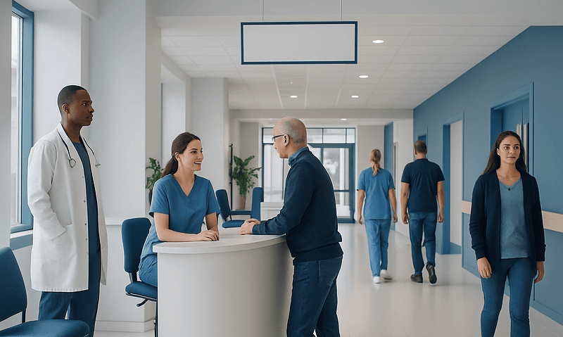 Hospital reception with staff and patients in a modern healthcare facility.