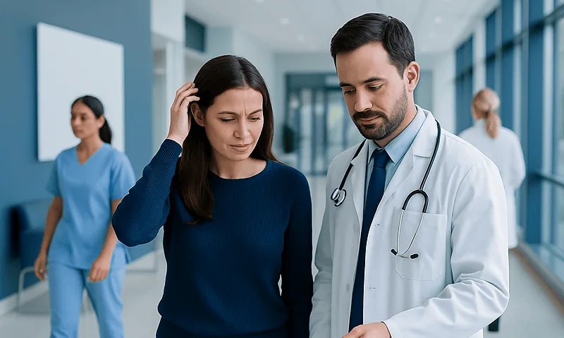 Doctor consulting with a woman about health concerns in hospital corridor.