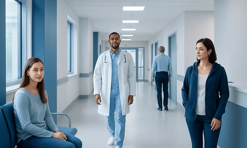Medical staff and patients in a hospital corridor at Acibadem Hospitals Group.