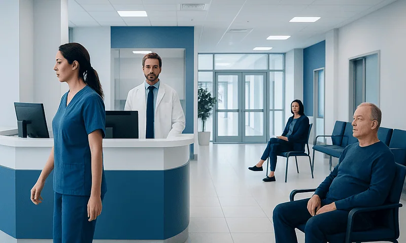 Patients waiting in a modern hospital reception area with medical staff nearby.