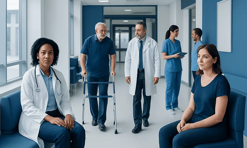 Medical team in hospital corridor with patients and staff.