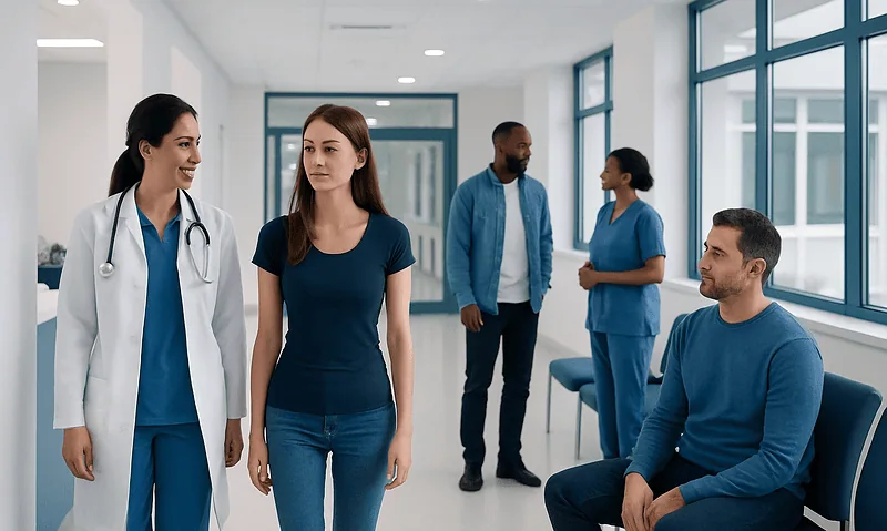 Medical team and patients in a hospital corridor at Acibadem Hospitals Group.