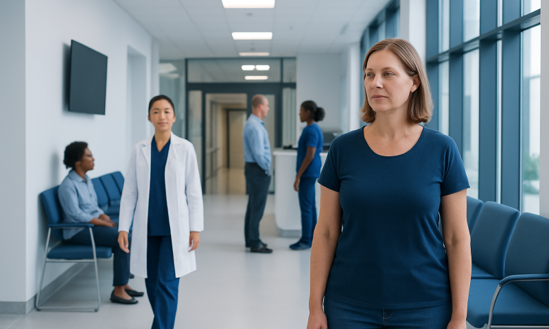 Woman waiting in hospital corridor with medical staff nearby.