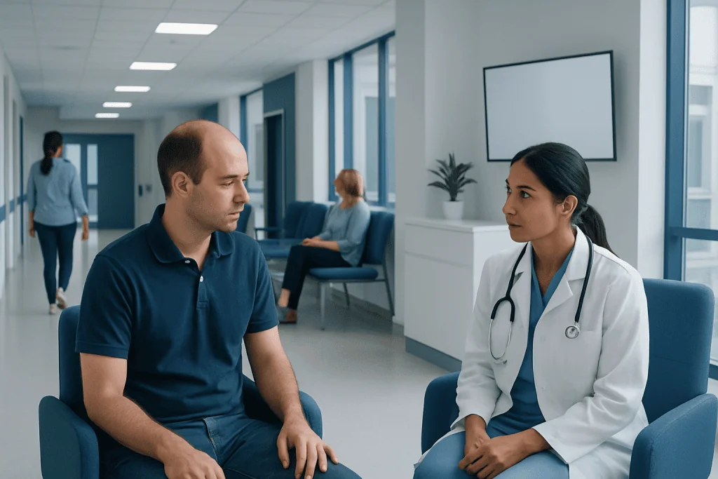 How to Stop Hair Loss? Here Is What the Evidence Says 1 Doctor consulting with a patient in a modern hospital waiting area.