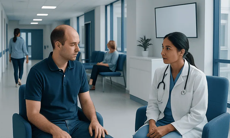How to Stop Hair Loss? Here Is What the Evidence Says 6 Doctor consulting with a patient in a modern hospital waiting area.
