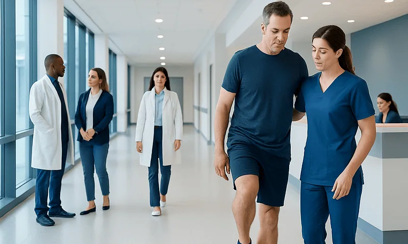 Patient receiving physiotherapy in a hospital corridor with medical staff nearby.