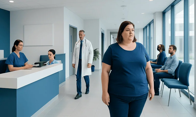 Woman waiting in a hospital corridor at Acibadem Hospitals Group.