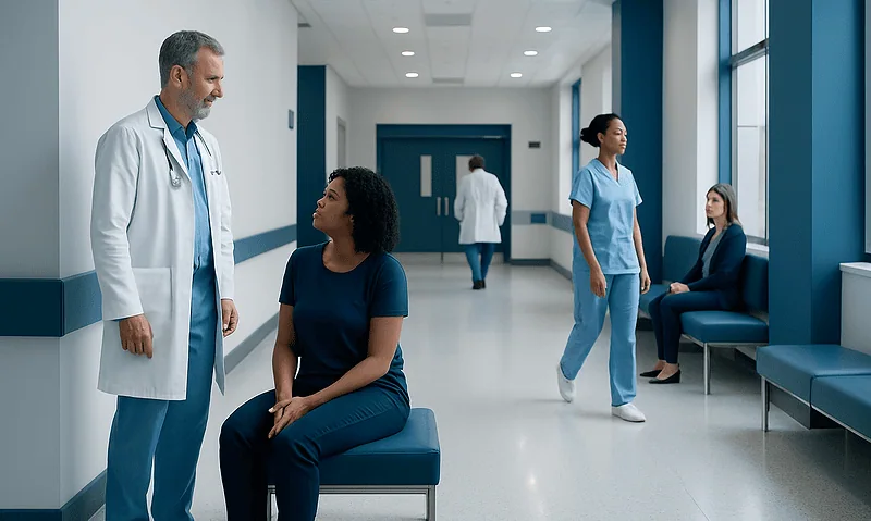 Doctor talking to a patient in a hospital corridor at Acibadem Hospitals Group.