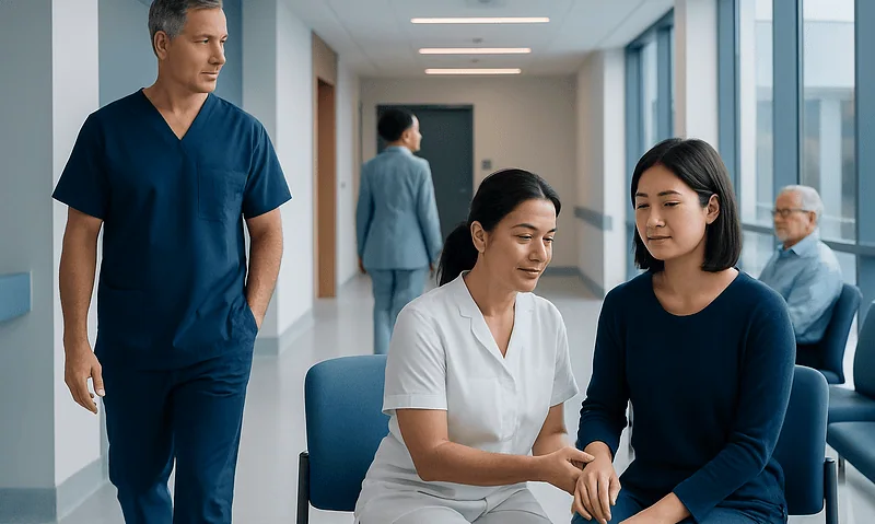 Medical consultation in a modern hospital corridor with healthcare professionals and patients.