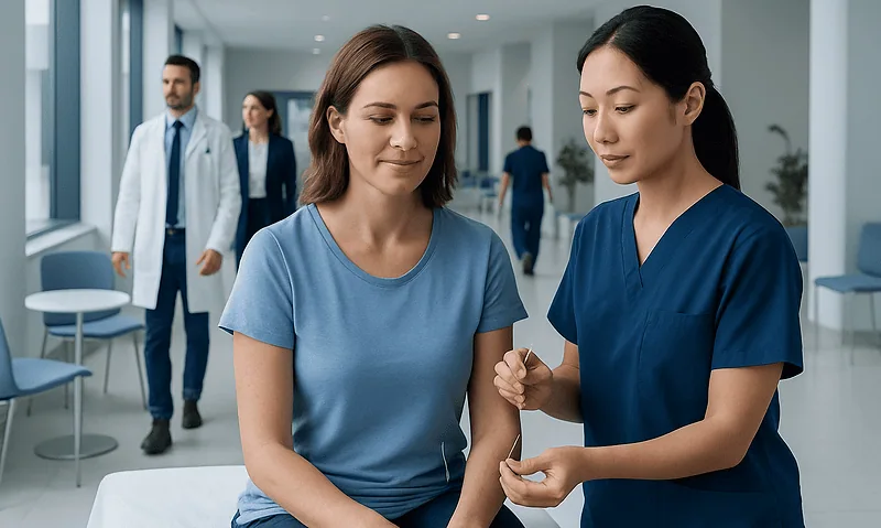 Nurse preparing to administer acupuncture treatment to a patient in a hospital corridor.