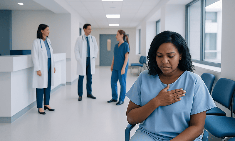 Patient experiencing chest pain in hospital corridor with medical staff nearby.