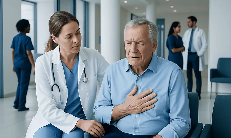 Doctor assisting an elderly man with chest pain in hospital setting.