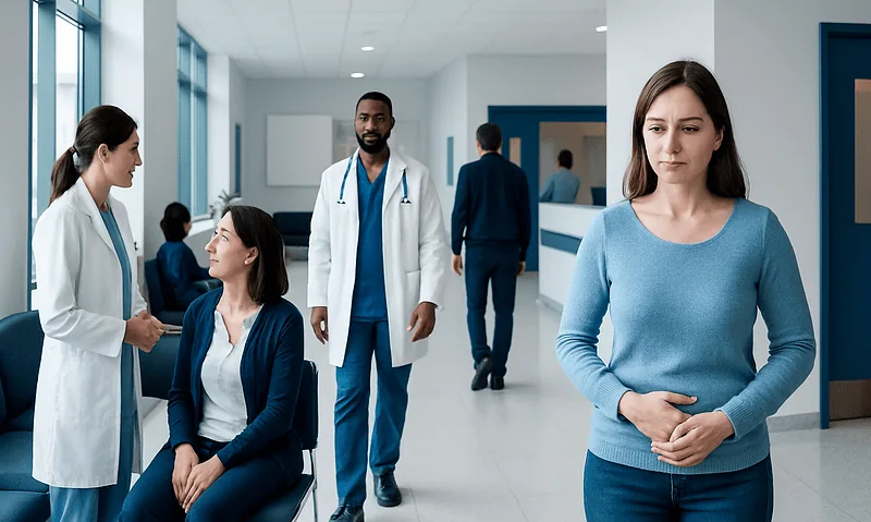 Acute Cystitis with Hematuria: Symptoms, Causes, and Treatment Options 16 Patient waiting in hospital corridor with medical staff nearby.