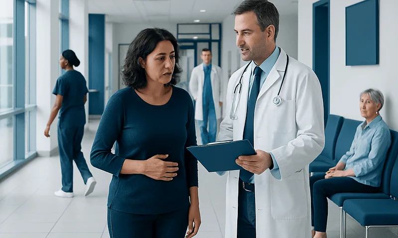 Doctor consulting with a female patient in a hospital corridor.