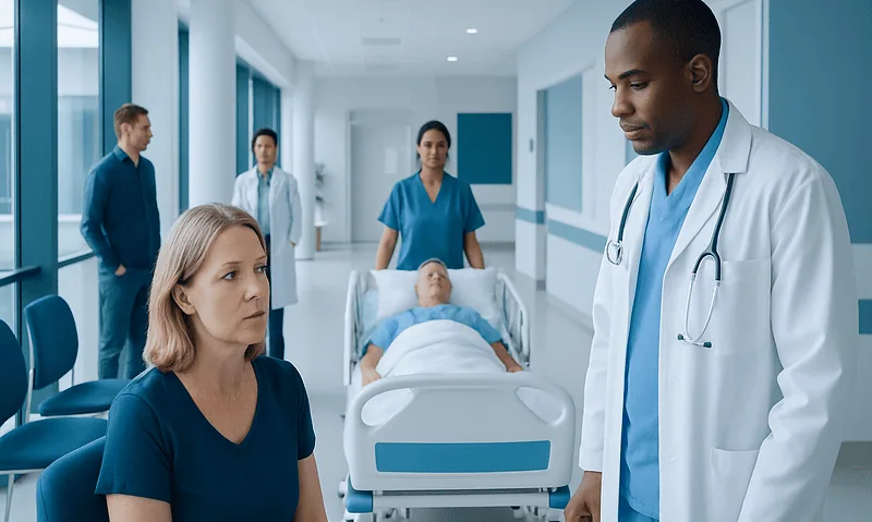 Hospital staff consulting with a patient in a modern hospital corridor.
