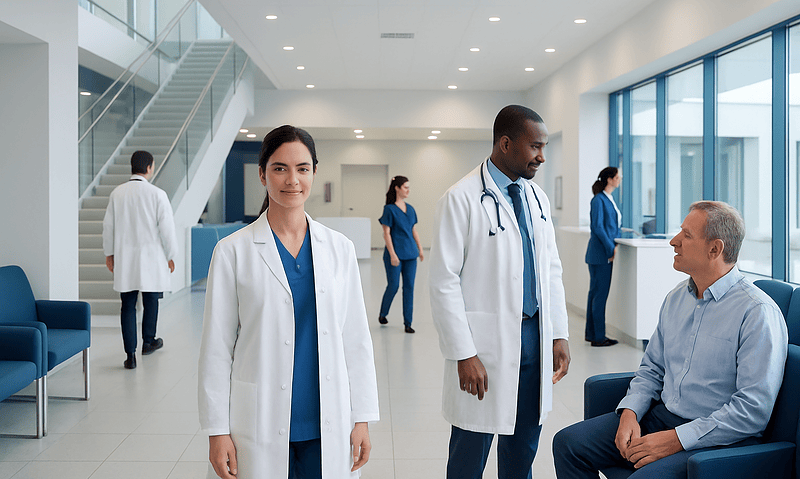 Medical team consulting with patient in modern hospital lobby.