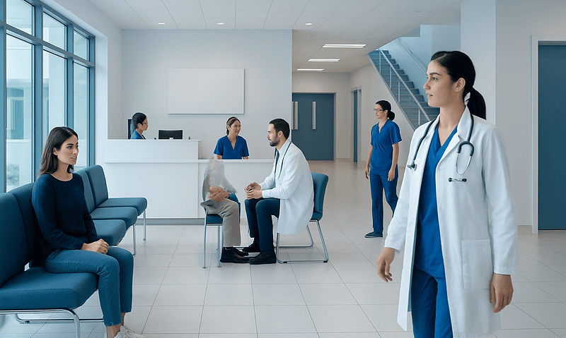 Medical consultation in a modern hospital waiting area with healthcare professionals and patients.