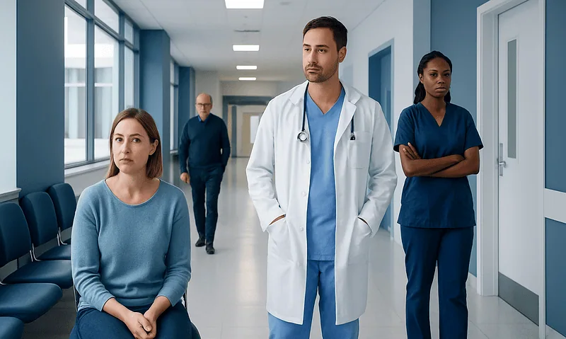 Medical team in hospital corridor with patient and staff.