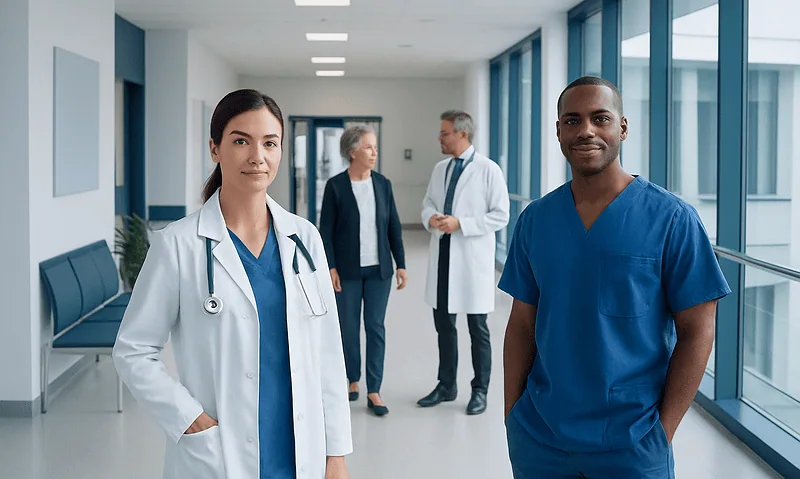 Healthcare professionals in a modern hospital corridor at Acibadem Hospitals Group.