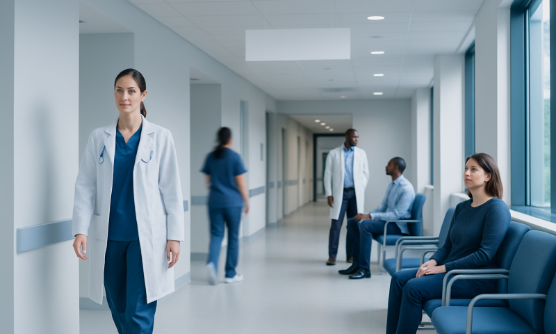 Healthcare professionals and patients in a modern hospital corridor.