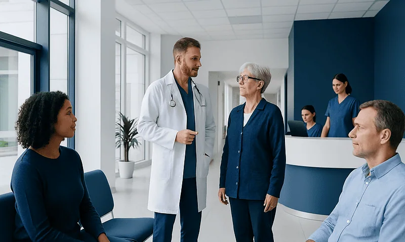 Doctor consulting with elderly patient in hospital corridor.