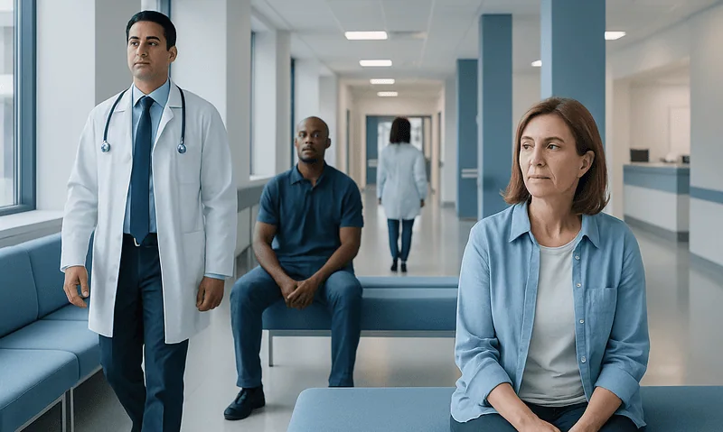 Medical consultation with patients in a hospital corridor.