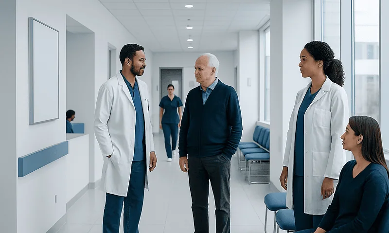Medical team consulting with patient in hospital corridor.