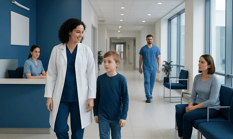 Adenoidectomy: Candidacy, Procedure Steps, and Recovery Timeline 2 Doctor talking to young patient in hospital corridor with staff and waiting area.