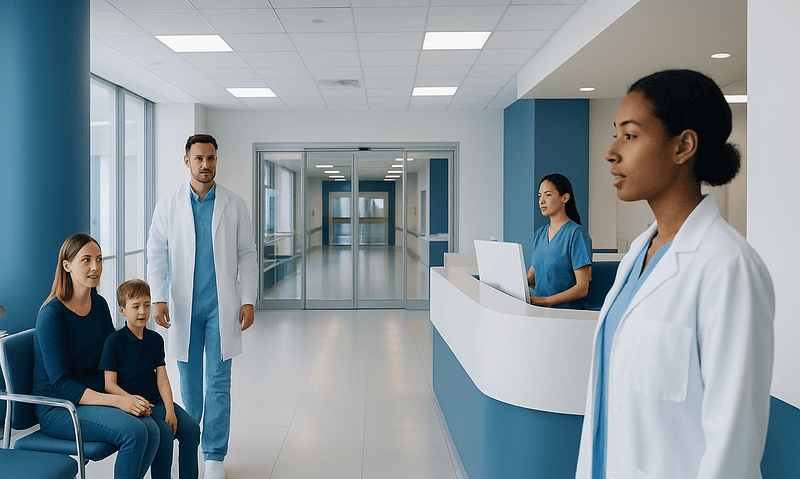 Hospital reception area with medical staff and patients at Acibadem Hospitals Group.
