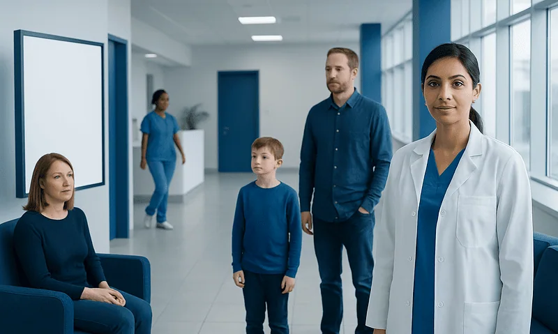 Medical consultation in a modern hospital with a doctor and family.