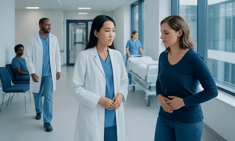 Medical professionals discussing patient care in a hospital corridor.