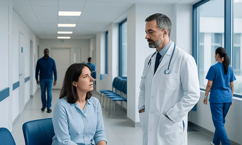 Doctor consulting a patient in a hospital corridor with medical staff in background.