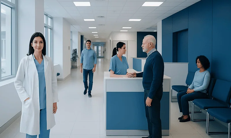 Healthcare professionals and patients in a modern hospital corridor.