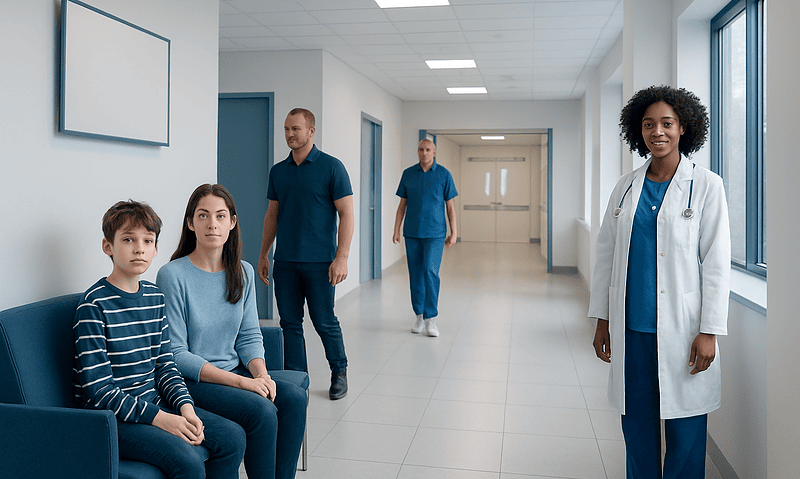 Diverse medical team with children in hospital corridor.