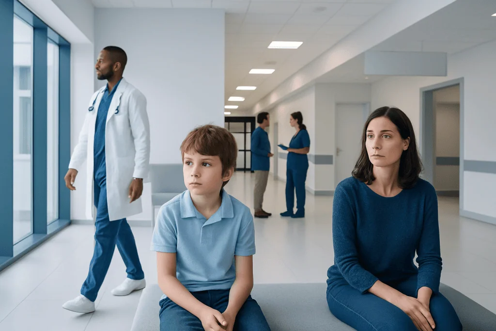 ADHD: What It Is and Which Symptoms Doctors Look For 1 Child and woman waiting in hospital corridor with medical staff in background.