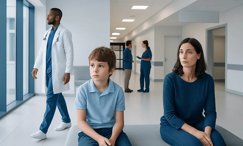 Child and woman waiting in hospital corridor with medical staff in background.