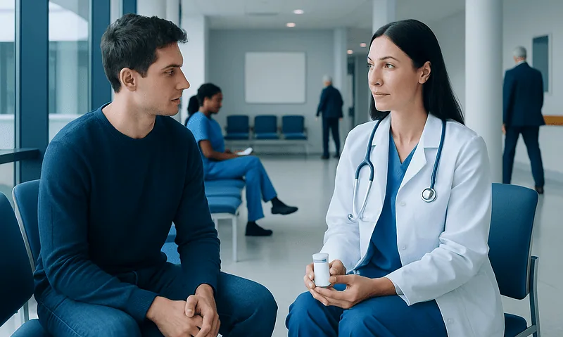 Doctor consulting with a young male patient in a hospital corridor.