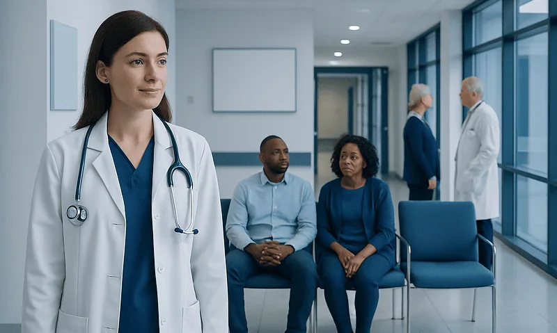 Medical professional with patients in a hospital corridor.