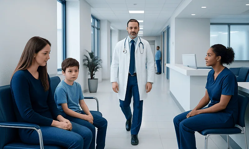 Doctor consulting with a family in a hospital waiting area.