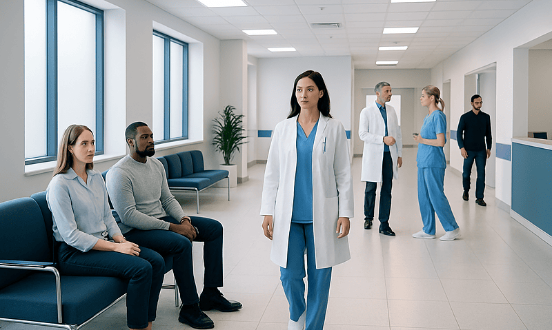 Adipex: A Complete Medical Overview 8 Healthcare professionals and patients in a modern hospital waiting area.