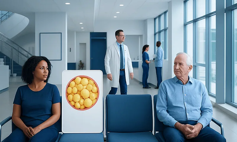 Patients waiting in a modern hospital corridor with a display of adipose tissue.