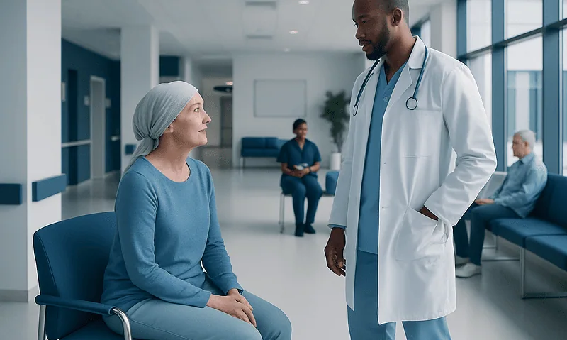 Doctor consulting a patient in a hospital corridor.