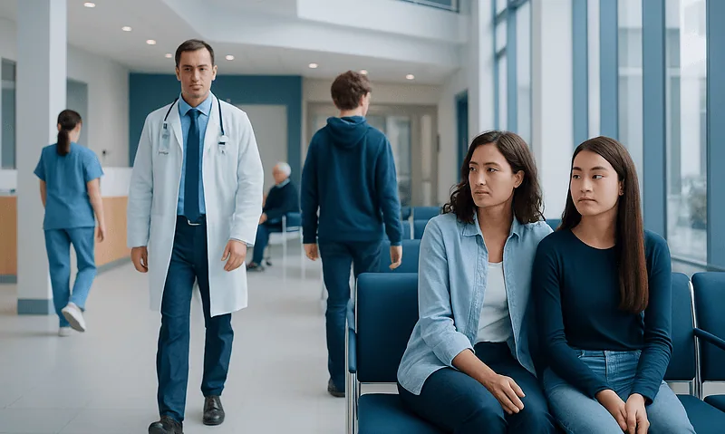 Medical professionals and patients in a modern hospital lobby.