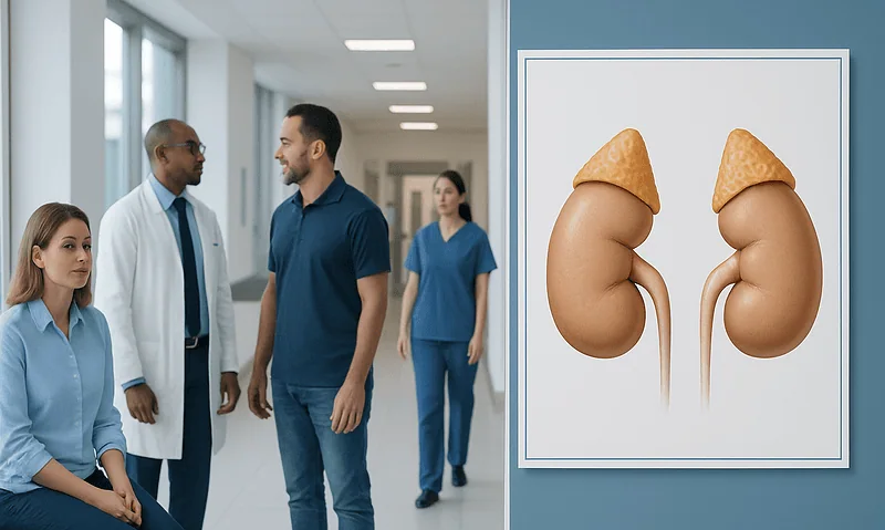 Medical consultation about adrenal gland health with a kidney diagram.